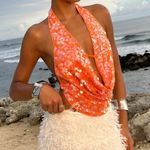 NWT SOLY HUX Sequin Halter Crop Top Orange Glitter Deep Cowl Neck Small Photo 4