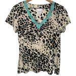 Covington Leopard Print V-Neck Top with Turquoise Lace Accents Cotton & Modal Photo 0