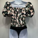 EXPRESS NEW Black Floral Eyelet Bubble Sleeve Off Shoulder Smocked Bodysuit S Photo 2