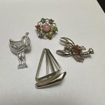 Lot Of 4 Brooch Pins Lobster, Sailboat, Horse Saddle, Etc Silver Photo 8