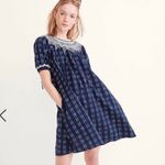 Madewell Embroidered Puff short Sleeve Babydoll Dress Indigo Plaid navy pockets Photo 2