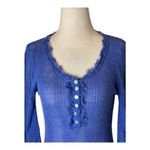 PPLA Shirt Women Small Blue Knit Linen Blend Fringe Stretch Henley Top Sheer Photo 2