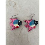 Funky Tropical Fish Dangle Drop Earrings Colorful Painted Wooden Quirky Pink Photo 1