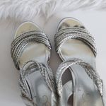 BCBGMAXAZRIA BCBG Paris Metallic Silver Faux Leather Woven Rope Strappy Cork Open Toe Wedges Photo 6
