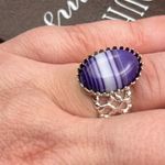 Handcrafted Purple Striped Glass Oval Cabochon Silver Stainless Steel Ring Photo 5