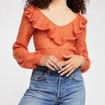 Free People  Macaroon Ruffled Neck Mohair Wool Sweater Burnt Orange Ruffle size L Photo 0