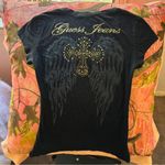 Guess jeans true vintage y2k black angel wing gold rhinestone cross v neck t shirt Photo 0