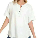 Zenana Outfitters White Short Sleeve Button Detail Top Photo 0