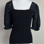 INC International Concepts Smocked Eyelet Puff Sleeve Square Neck Blouse Sz Sml‎ Black Photo 0