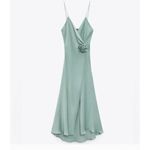 ZARA  Satin Camisole Midi‎ Slip Dress Size Flower Detail Sea Green- Small Photo 3
