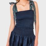 Koch  navy smocked crop top tie straps bows floral cece satin stretchy flowers Photo 3