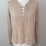 Loft  Lace Up V-Neck Beige Knit Long Sleeve Sweater Women's Small Photo 0