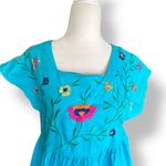 Vintage 90s Embroidered Turquoise Blue Pink Floral Folk Art Cotton Midi Dress Photo 1