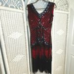 Unique Vintage Red Black Sequin Fringe Flapper Dress 1920s Gatsby Small Photo 1