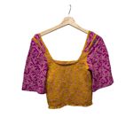 Free People Smocked Crop Top Sz S Ditsy Floral Boho Mustard Yellow Magenta Photo 2