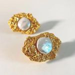 Vintage Geometric Crumpled Pearl Post Gold Stud Earrings Photo 6