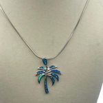 Sterling Silver 925 Blue Fire Opal Palm Tree Necklace 18" Florida Beach Summer Photo 3