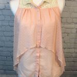 Sleeveless High Low Pink Sheer Sleeveless Collared Top with Dots & Lace Trim Photo 1
