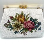 Vintage White Beaded tapestry floral clutch hand Bag kiss lock gold White Photo 1