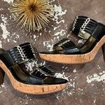 Sofft Shoes Fayann Slide Heel Sandal Black Leather Gold Metallic Cork Heel Size 7 Photo 0