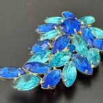 Vintage Unsigned Cobalt Blue & Teal Navette Marquis Rhinestone Leaf Brooch 20g. Photo 5