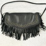 Lucky Brand Black Leather Fringe Slim Brass Stud Convertible Crossbody Clutch Photo 8