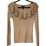 LAUREN Ralph Lauren Silk Blend Gold Metallic Ruffle Neck Trim Sweater Size L Photo 1