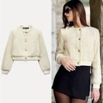 ZARA NWT Textured Weave Cropped Off White Bomber Jacket Sz L Photo 1