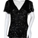 Adrianna Papell Blouse Women Medium Black Allover Sequin Silk Party Event Photo 0