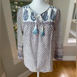 J.Crew White Blue Burgundy Block Floral Print Cotton Tie Front Tunic Top Sz 00 Photo 8