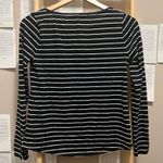 White House | Black Market Black and White Striped Long Sleeve Shirt with Decorative Buttons on Shoulders Photo 4