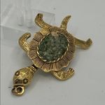 Large Vintage Articulated Sea Turtle Pendant Gold tone with Green Stone Photo 1