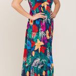 Skies Are Blue Navy Blue Tropical Floral Satin Maxi Dress Photo 0