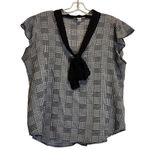 Miley + Molly Houndstooth Plaid Blouse Bow Tie Neck Academia Black White Large Photo 1