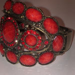 Brass Tone Red Stones CZ Rhinestones Boho Cuff Bangle Statement Bracelet Photo 5