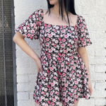 ZARA Black and pink floral romper with square neckline and puffy sleeves sz s Photo 0