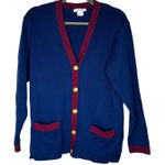 Navy Vtg Cardigan Sweater Red Checkerboard Trim Gold Buttons Sz Med Blue Photo 0
