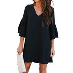 Belongsci Black Fully Lined Crepe Hidden Zip V Neck Ruffle Bell Sleeve Dress Size L Photo 9