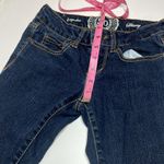 SO  skinny dark wash jeans juniors size 1 xs gold orange stitch belt loops Photo 4