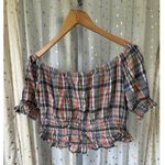 American Eagle Plaid Semi Sheer Off Shoulder Ruffle Elastic Trim Crop Top M Size M Photo 2