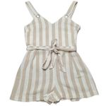 Coco + Jaimeson White And Tan Striped Tie Waist Linen Romper Photo 2