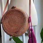 Handmade Rattan Crossbody Bag Floral Lining Leather Strap Boho Summer Photo 0