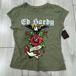 Ed Hardy NWT  women's Anchor Rose Olive T-shirt rhinestoned size medium Photo 0