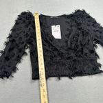 ZARA NWT Top M Womens Black Sheer Textured Fringe Blouse Ribbed Long Sleeve V Photo 4
