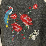 Embroidered Sweater Jacket Peacock Roses Cat Size Small Full Zip School Cliche Gray Photo 2