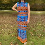 Vintage 70s Blue & Orange Mock Neck Maxi Dress Multiple Size L Photo 0