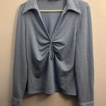 ZARA Icy Blue Metallic Collared Keyhole Cutout Long Sleeve Top Size XL Photo 0