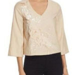 Badgley Mischka Embellished Top Sequins Floral Cotton V Neck Blouse Size 8 Tan Photo 0
