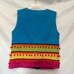 Vtg 90s Sharon Young Pom Pom Womens Vest 12 Linen Colorblock Boho Festival Artsy Blue Photo 7