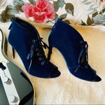 White House | Black Market WHBM “Dasher” Blue Velvet Peep Toe Bootie Photo 2